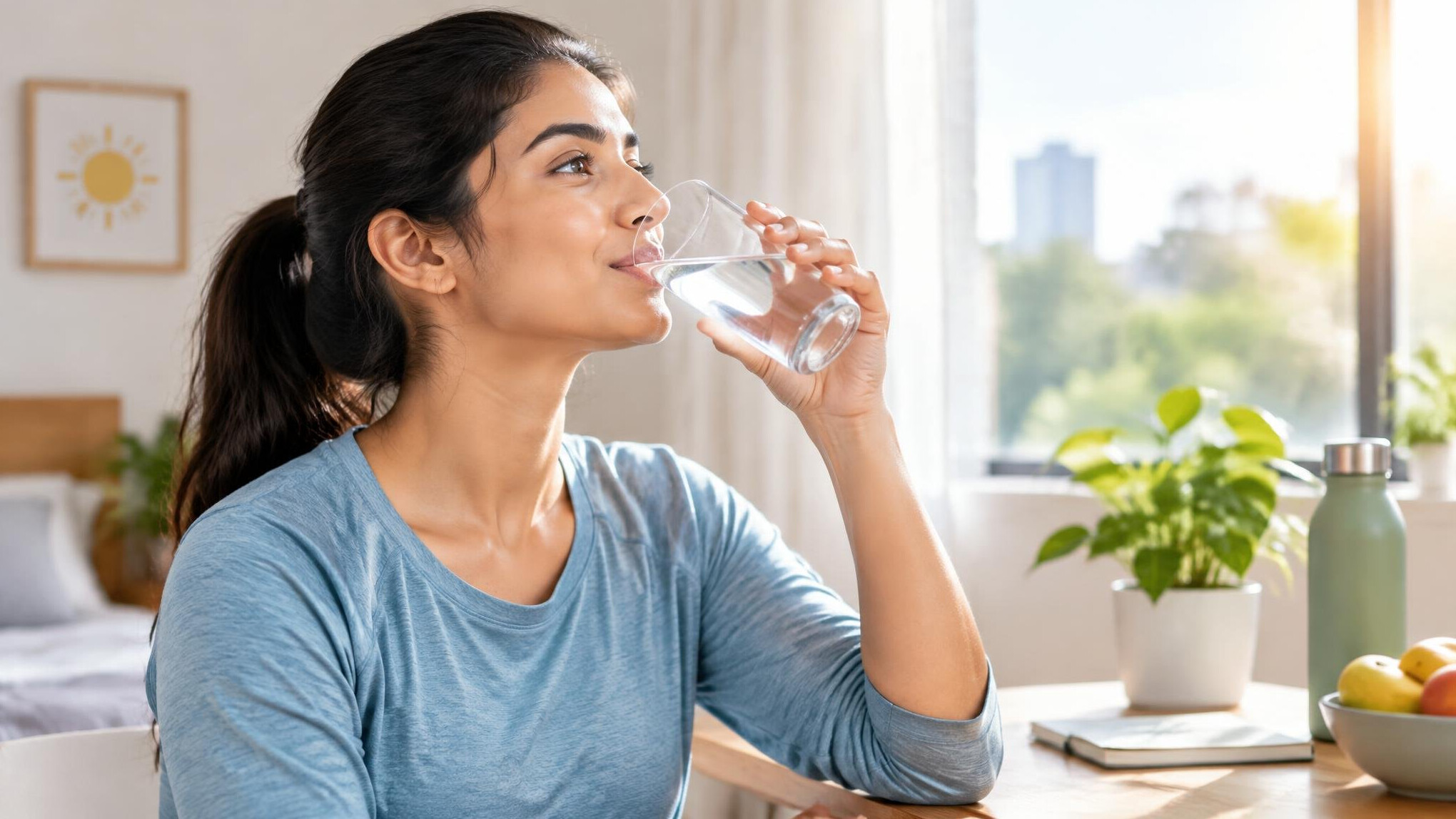 person drinking water in morning
